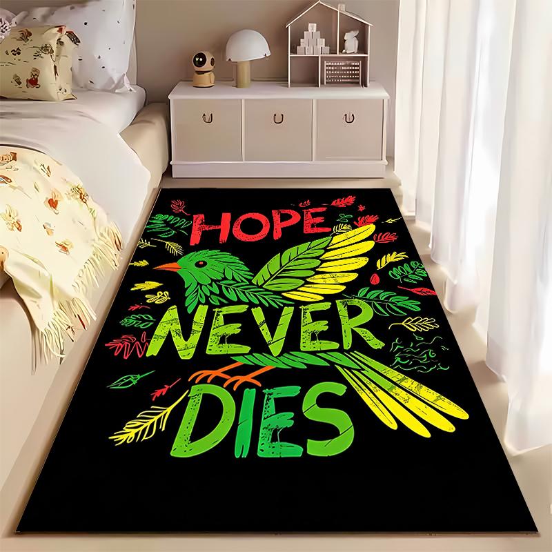 Colorful Artistic Bird Carpet with "Hope Never Dies" Lettering Design Suitable for use as an anti-slip for living room bedroom sofas