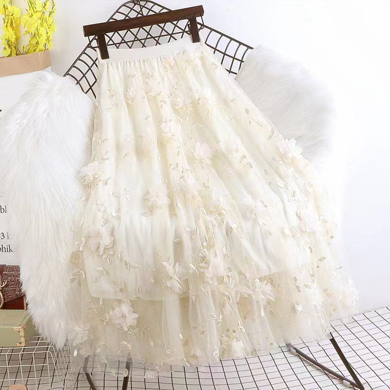 Повседневная длинная юбка с высокой талией, женская одежда, сетчатые юбки до середины икры с бисером, женские длинные юбки с цветочной вышивкой для женщин