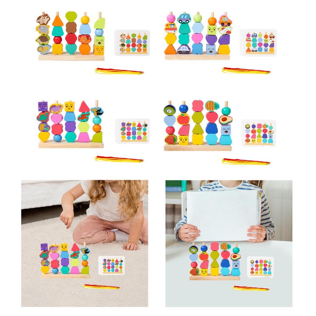 Wooden Beads Sequencing Toy Set Birthday Gift Building Blocks Game Lacing Beads for Boys Girls Kids Children 1 2 3 4 5 6