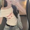 Американская Spice Girl Футболка с принтом-буквами, короткий рукав, на плечо, женская, летняя, шикарная, облегающая, с открытыми плечами, короткая, белая