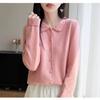 Autumn/Winter Wool Knit Polo Neck Cardigan - Women's Long Sleeve Hollow Crochet Loose Outerwear