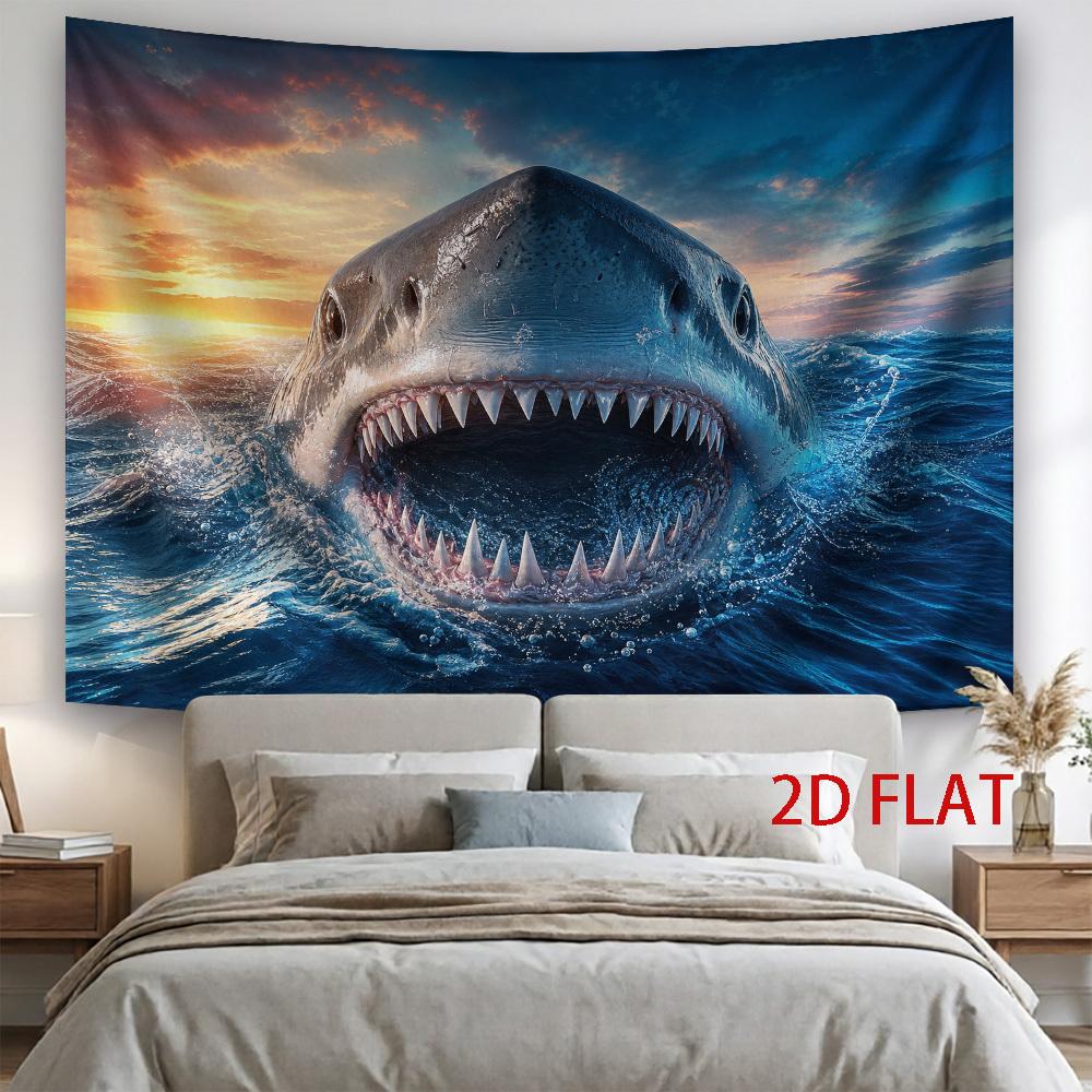 Shark Sunset Ocean Wave Wall Hanging Tapestry, 100% Polyester Backdrop, Romantic Indoor Outdoor Decor for Wedding & Couple Gift