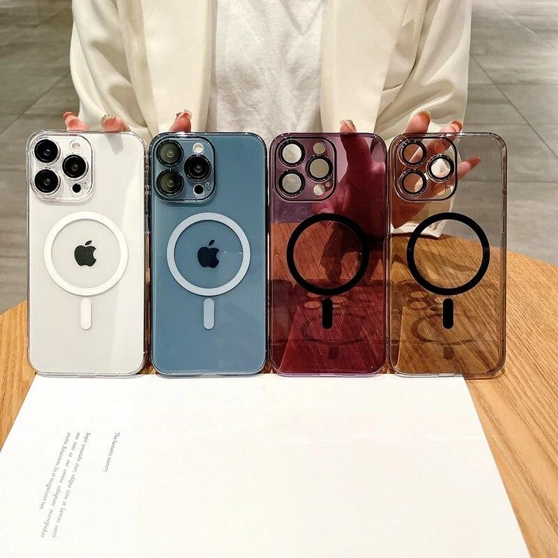 Роскошный прозрачный чехол Magsafe с беспроводной зарядкой для ПК для iPhone 11 12 13 14 15 Pro Max Plus, магнитный прозрачный чехол-бампер