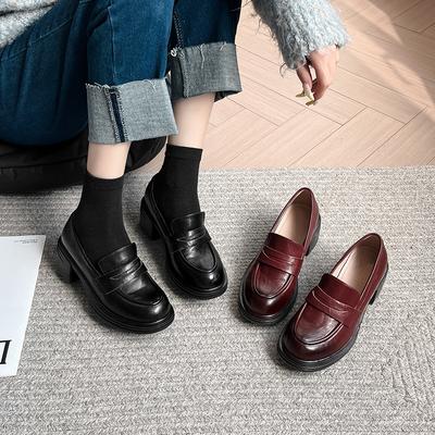 Классические ретро лоферы в британском стиле женские туфли на небольшой платформе, увеличивающие рост, на толстом каблуке, слипоны, простые черные туфли из маленькой кожи