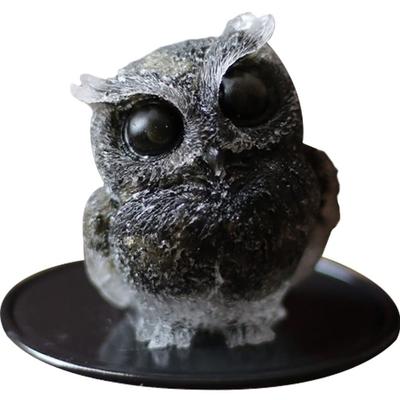 YUYAKESHI Фигурка совы, Талисман, Милая мини-сова, Прихожая, Сад, Контейнер для гальки, Сова из натурального камня, Декор из смолы, Маленький предмет, Включает коврик (Обсидиан)