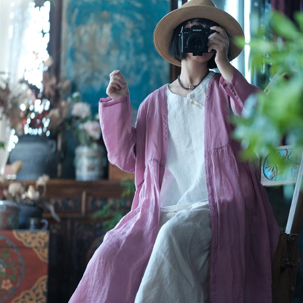 Johnature Women Vintage Trench Solid Color Long Sleeve Autumn Coats V-Neck Chinese Style Cardigan Trench