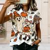 Women Plus Size Collared Short Sleeve Blouse Cute Halloween Lamb Cartoon Print Button Front Casual Tops