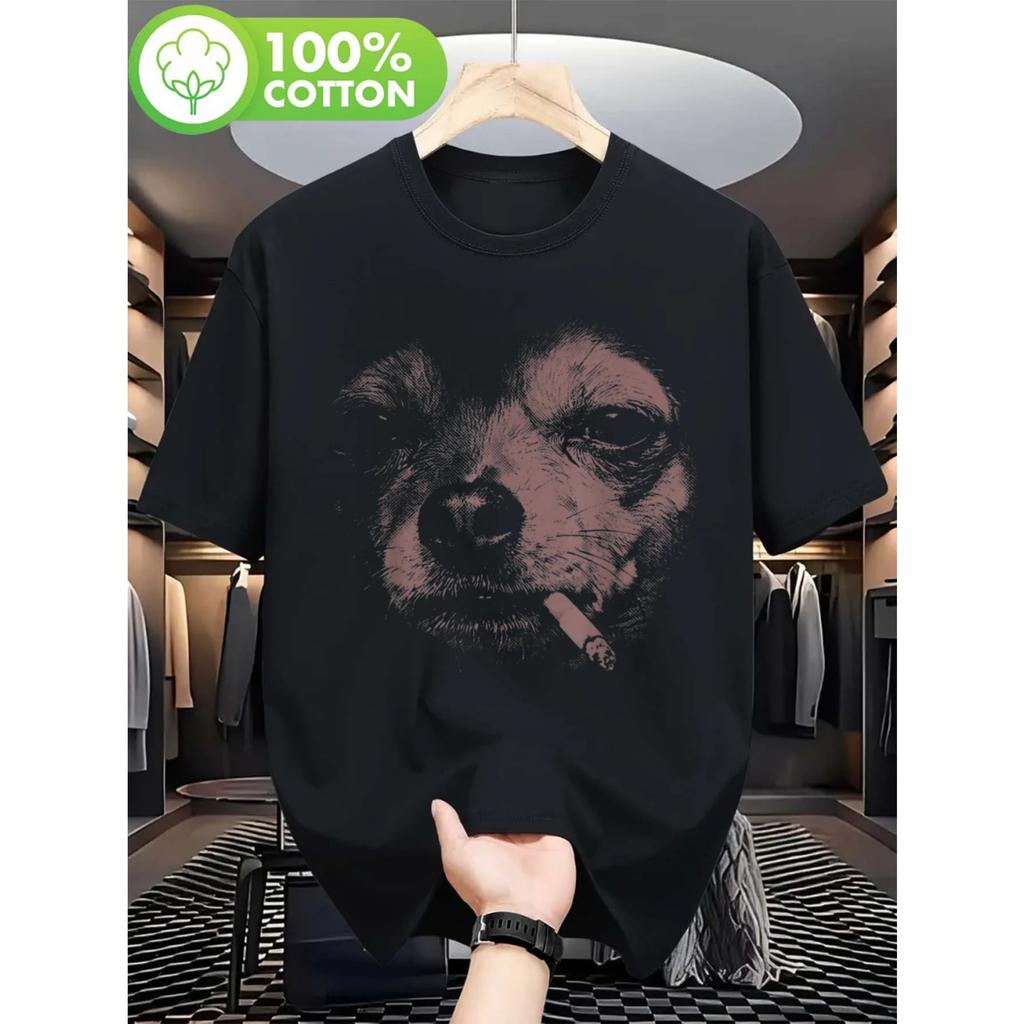 Dog Smoking Funny Chihuahua Meme T-shirt for Couples, Trendy Cotton Short Sleeved Top, Street Style Short Sleeved T-shirt