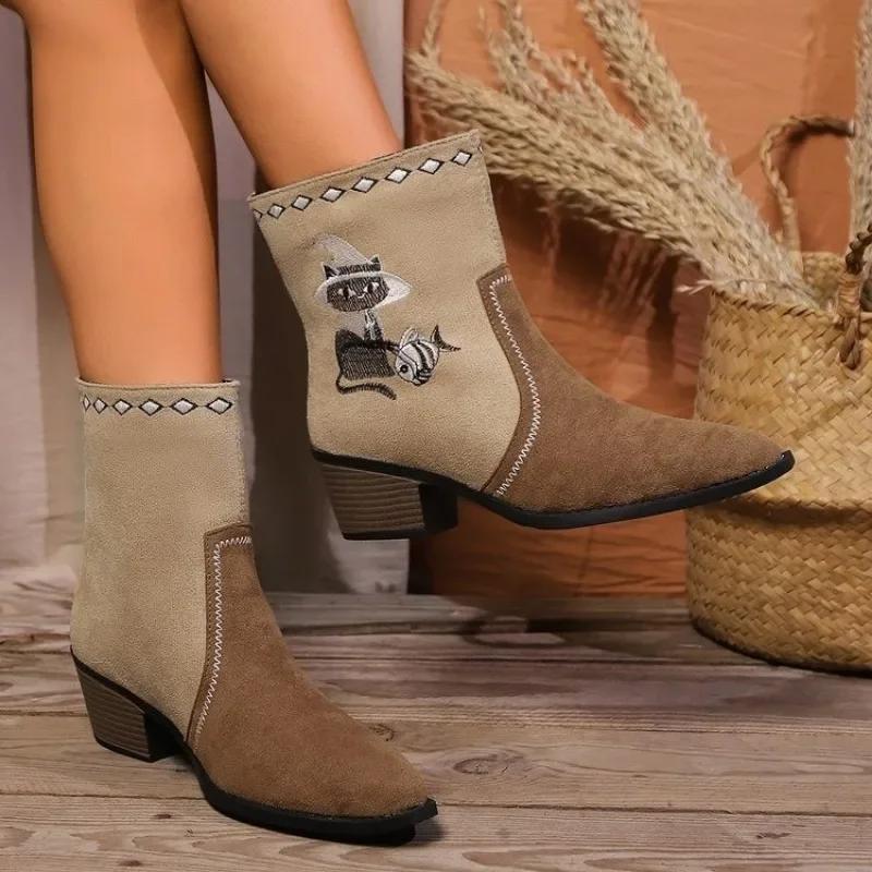 Fashion 2024 New Ladies Shoes Sleeve Women's Boots Autumn Pointed Toe Mixed Colors Middle Tube Chunky Heels Large Size Fashion Boots