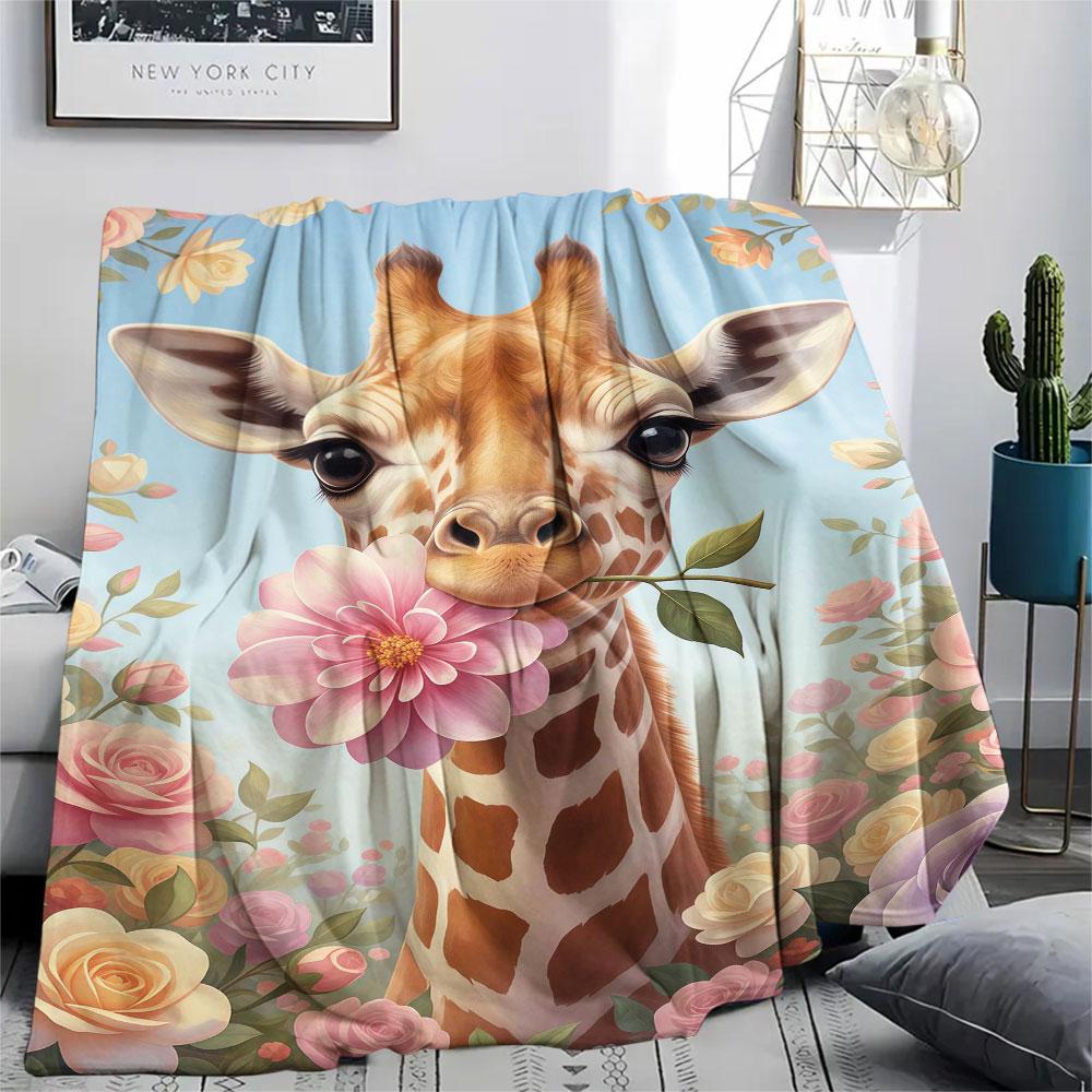 1Pc Cuteflowersanimals Print Flannel Blanket, High quality Comfortable for All Seasons, Home Decor, Warmth and Comfort, Perfect for Christmas Gifts