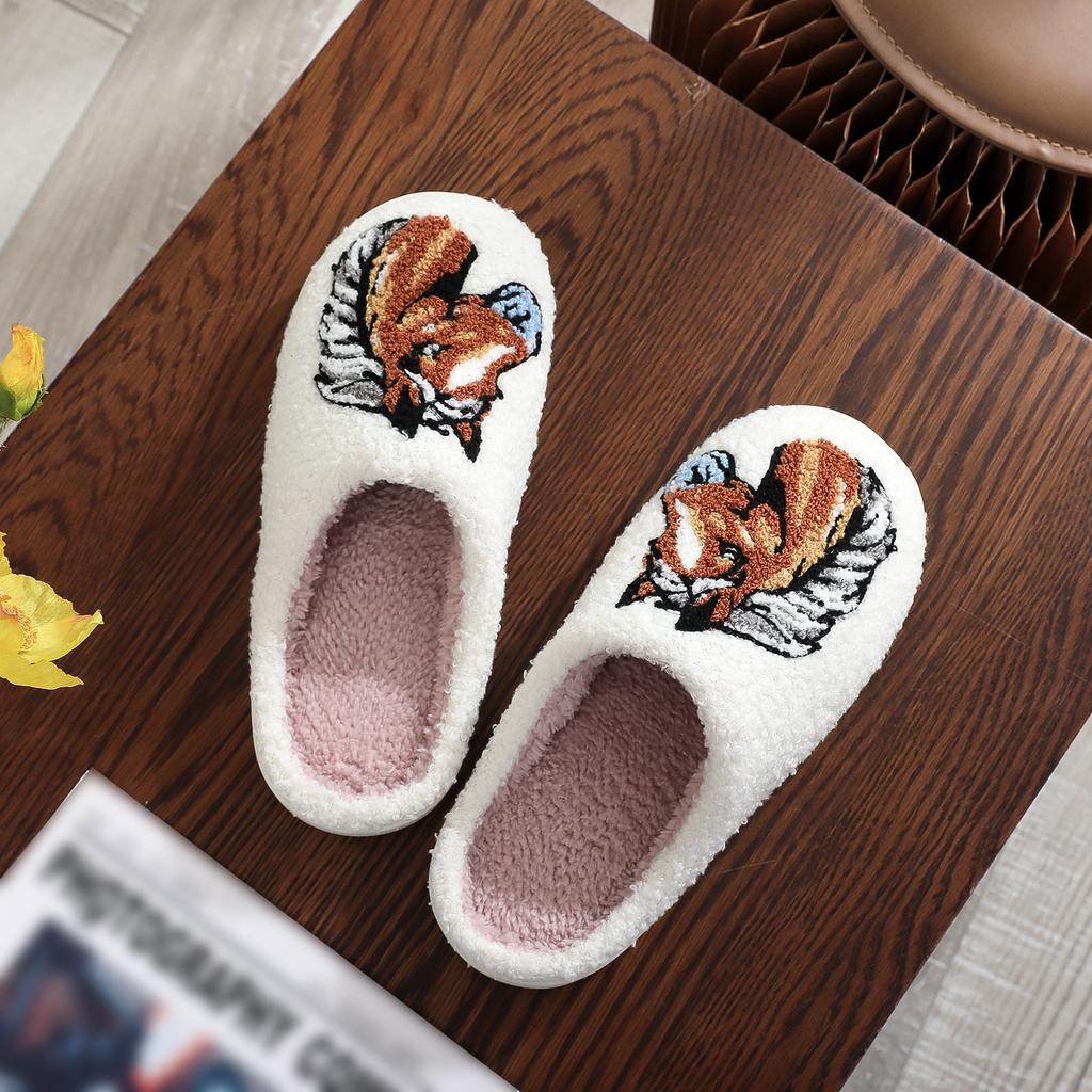 Farmer Ranch Horse Pattern Embroidered Plush Home Thick-Soled Comfortable Furry Slippers Cute Warm Non-Slip Indoor Slippers