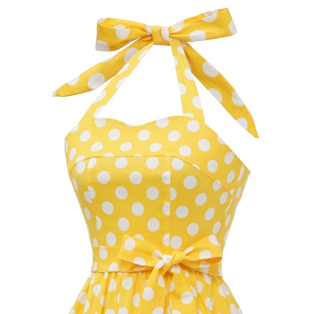 Retro polka-dot lace-up halter-neck flared ball gown performance dress, bohemian style