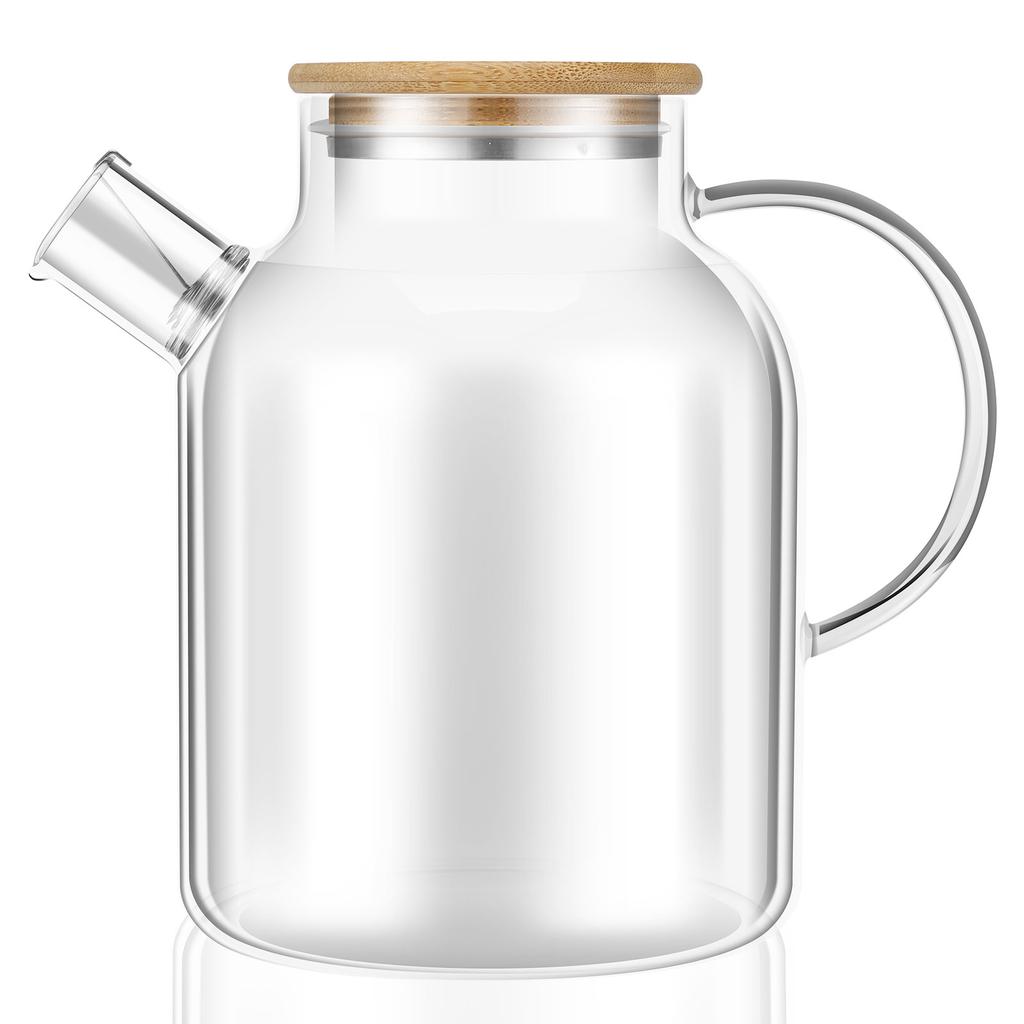 Glass Pitcher with Bamboo Lid 1800ml Glass Water Pitcher Multifunctional Heat Resistant Glass Jug with Handle for Hot Cold Tea