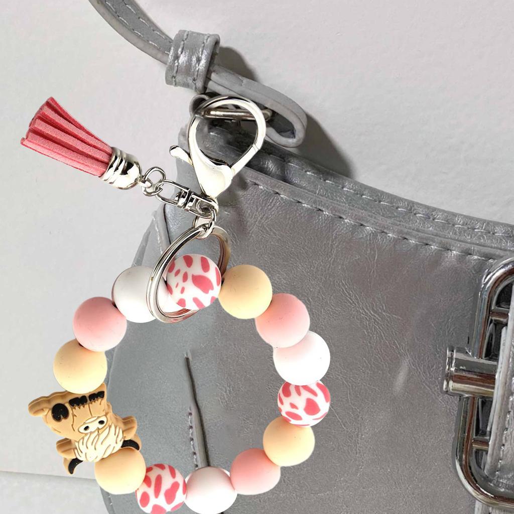 Highland Cow Silicone Tassels Keyring Durable Silicone Beaded Wrist Lanyard with Highland Cow Accent Keychain Pendant