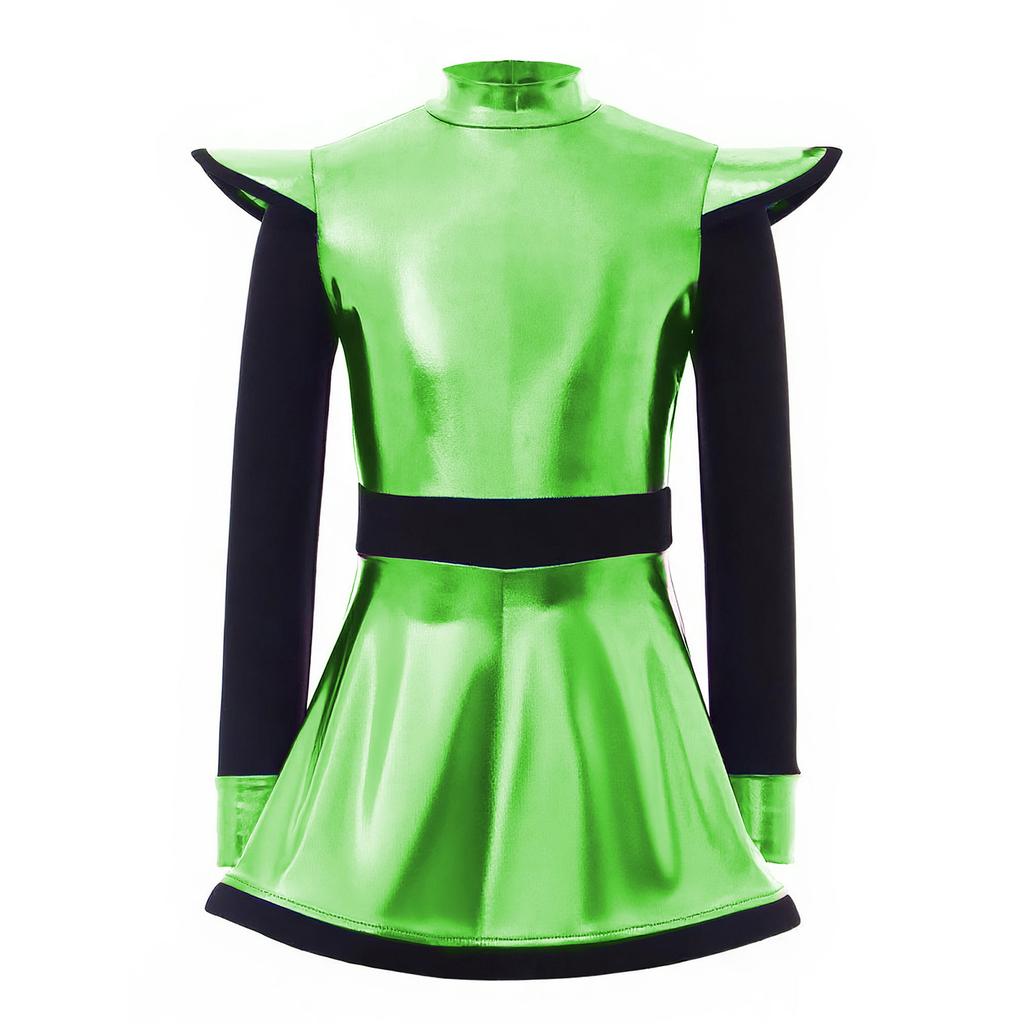 Детский костюм инопланетянки для девочек, пэчворк, металлический блеск, воротник-стойка, длинный рукав, застежка-молния сзади, платье со встроенными шортами