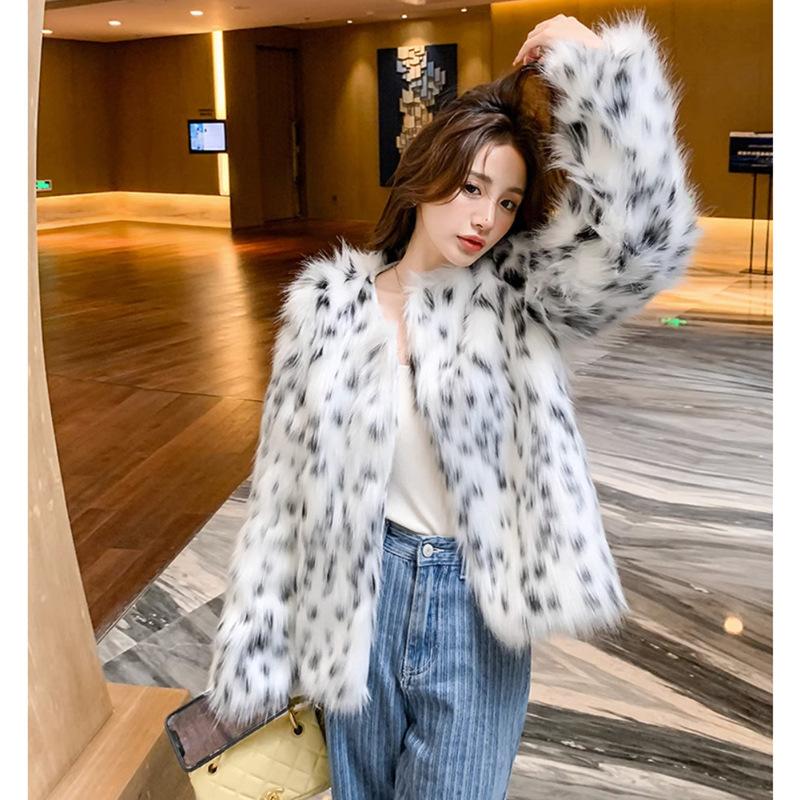 Women's Leopard Point Fox Hair Imitation Fur Jacket Women's Short Young Fashion New Winter Casual Warm