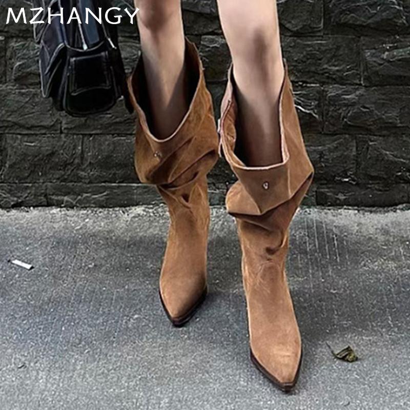 Замшевые сапоги с острым носком, высокие сапоги на среднем каблуке, дизайнерские массивные туфли, женские, тренд 2024 года, вестерн-ботинки «Челси», туфли-лодочки, новые женские ботинки