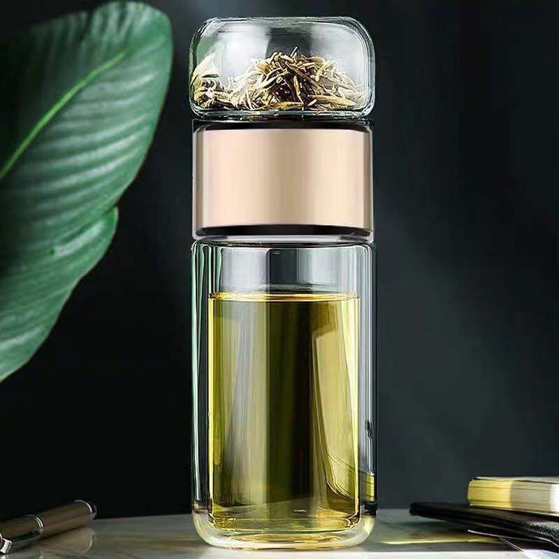 Tea-water separation bubble cup double-layer thickened insulated glass creative portable cup large capacity micro-insulation cup(Gold, 301-400ml)