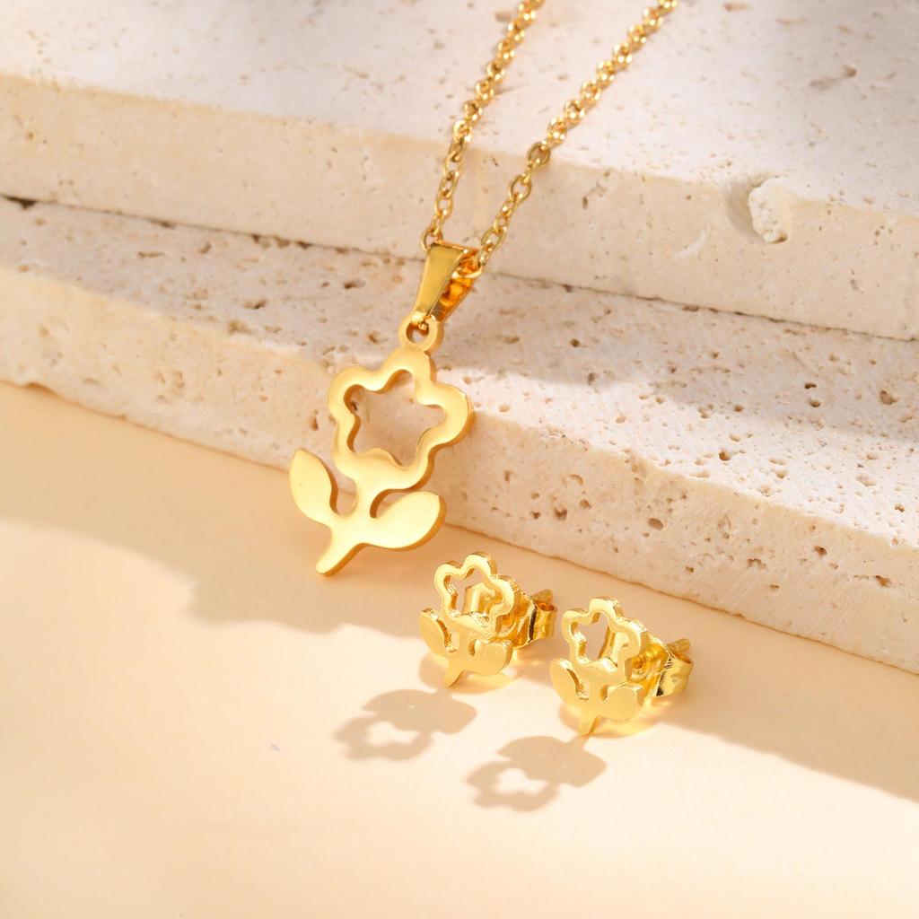 High Quality Stainless Steel Elephant Butterfly Flower Pendant Necklace Stud Earrings Luxury Party Jewelry Set for Women Gift