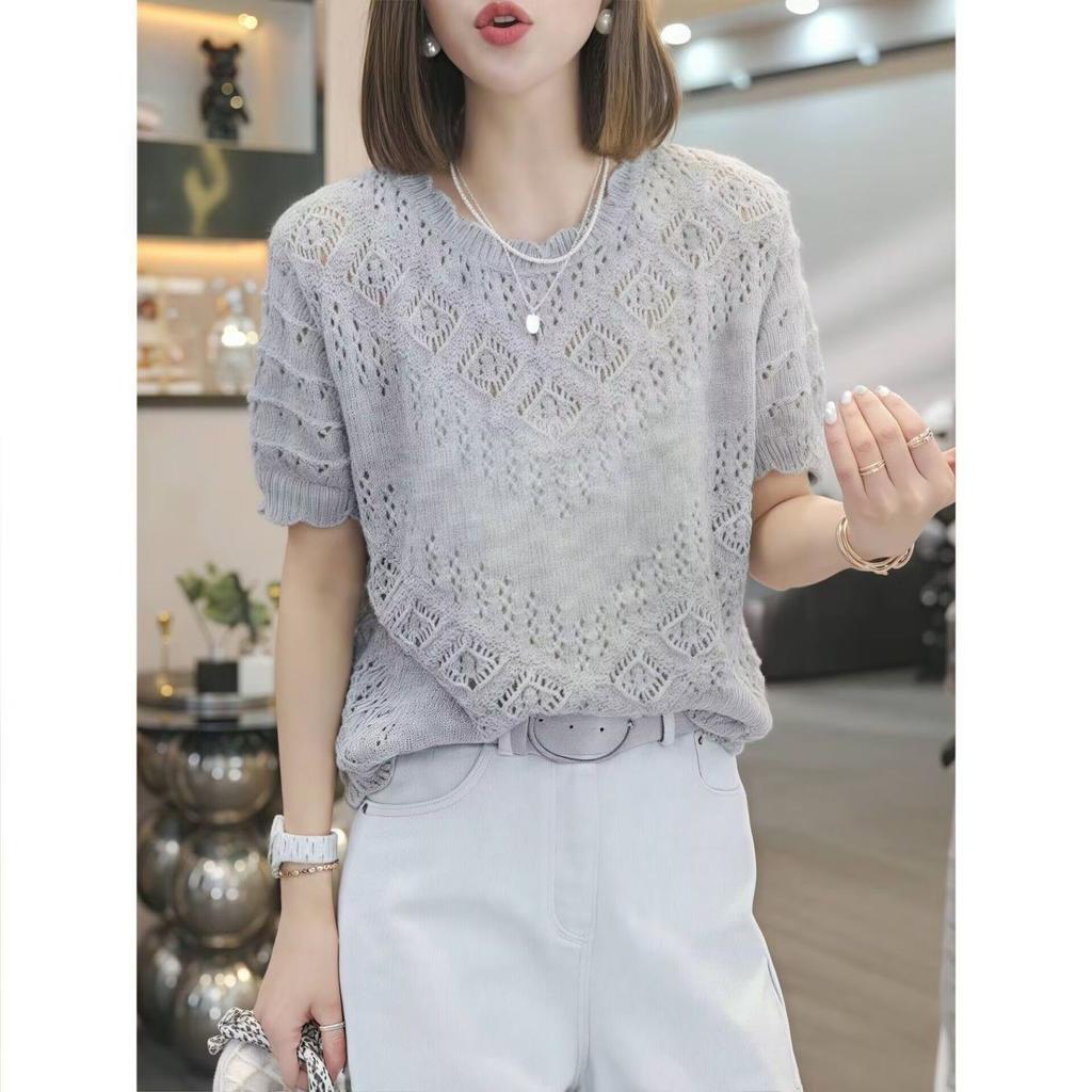 Knitted Sweater Short Sleeved T-shirt for Women Summer Round Neck Thin Loose Top