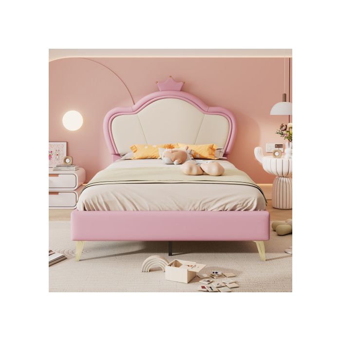 Lit simple - MUVOE - 90x200 cm - Rembourré - Métal - Rose + Blanc