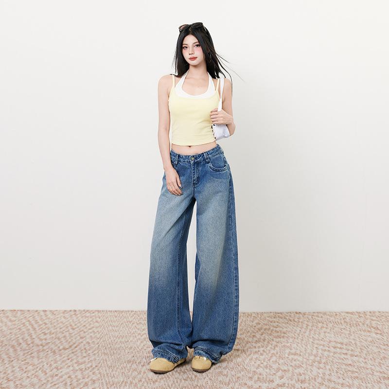 American retro low-rise loose straight jeans women's autumn new straight machete versatile mopping wide-leg pants