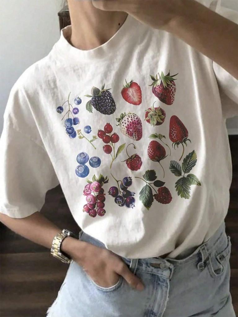 Casual Fashion Round Neck Cotton Harajuku Street Plus Size Small Fresh Loose Ladies Fruit Casual T-shirt Printed T-shirt