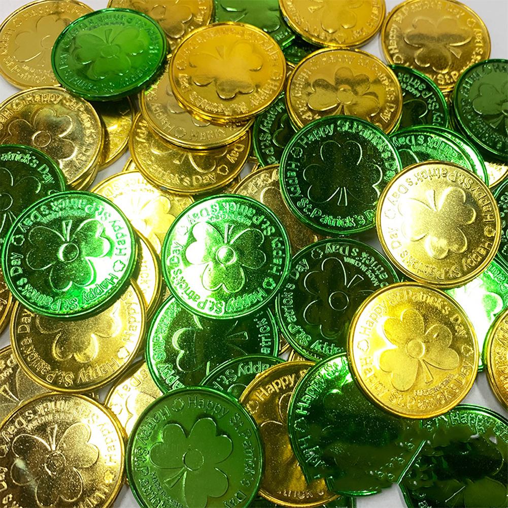 30Pcs Lucky Shamrock Clover Plastic Pirate Coins for Birthday Irish Saint St. Patrick's Day Theme Party Favors Decoration