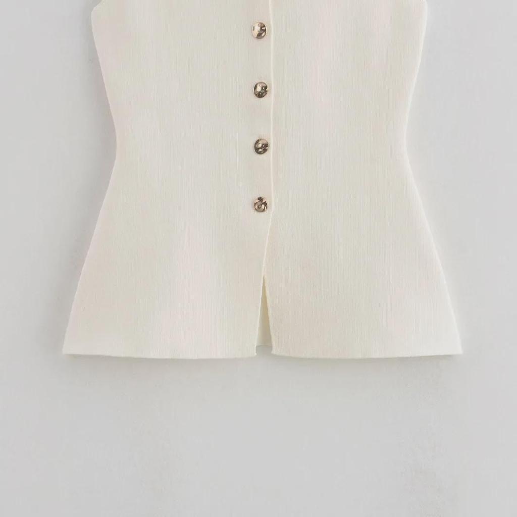 European & American Women's Fashion 2024 Gold Button Flat Stitch Vest Top