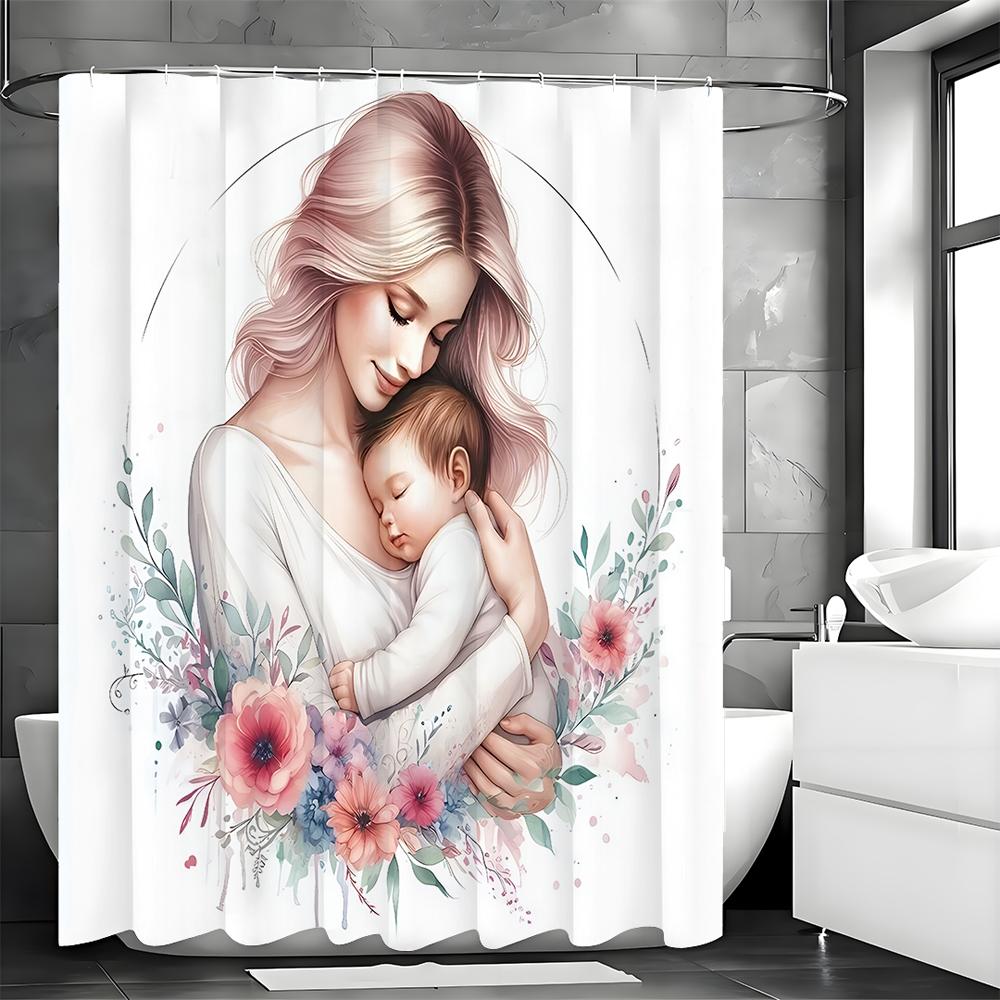 Mother's Day Mom Holding Child Floral Shower Curtain, Bathroom Decorative Shower Curtain, Waterproof Shower Curtain with Hooks