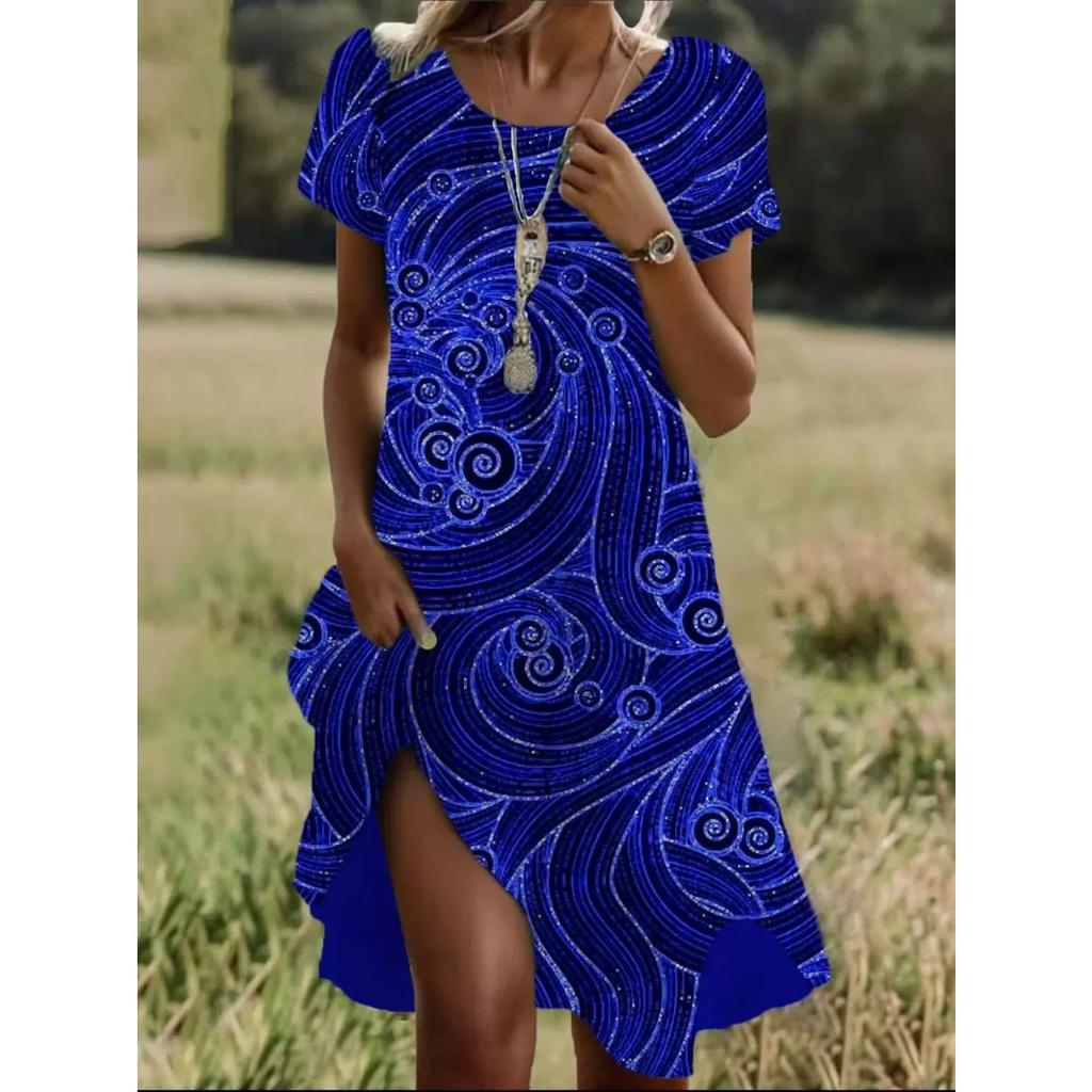 Summer Literary Ethnic Style Large Round Neck Mid-Length Dresses