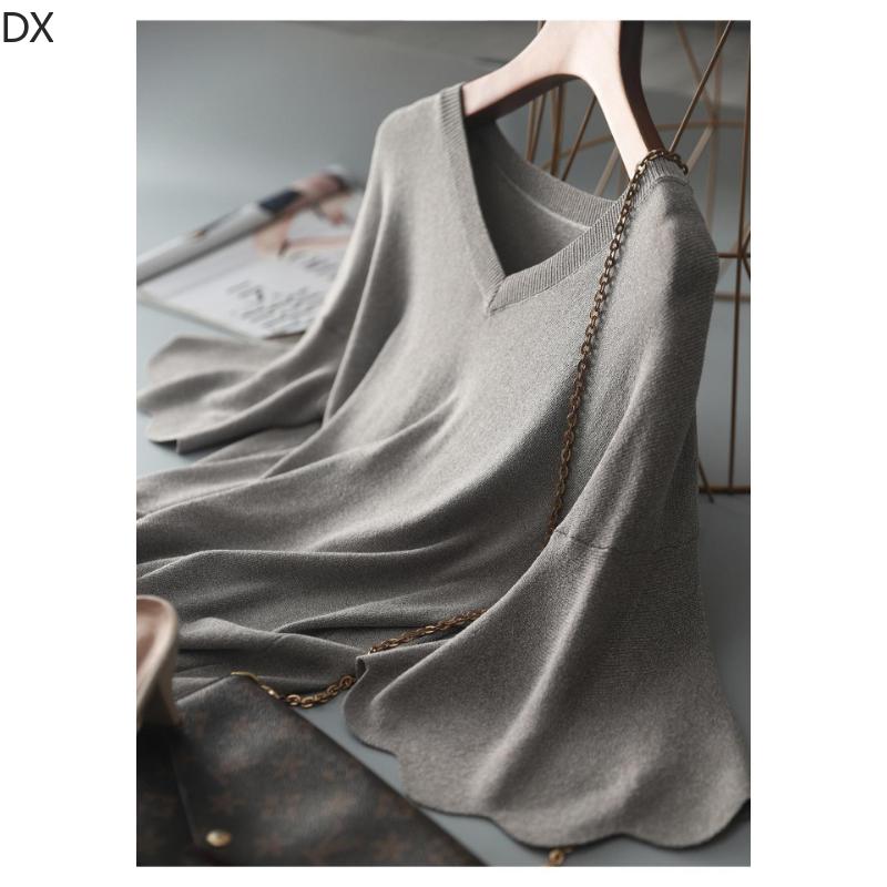DX-Micro расклешенный топ с лепестковыми рукавами и v-образным вырезом, женская летняя вязаная футболка, свободный свитер из ледяного шелка с короткими рукавами, тонкая женская рубашка в иностранном стиле