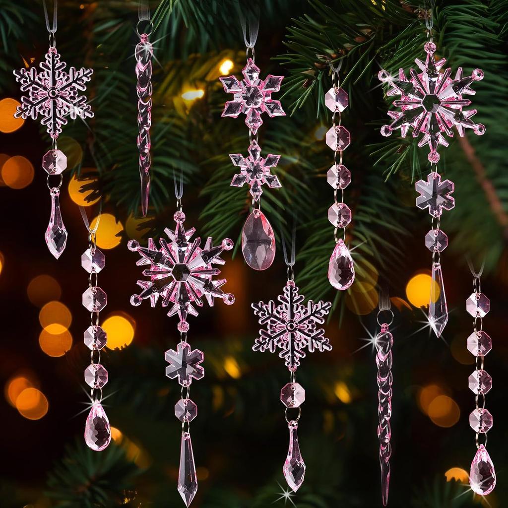 10pcs Crystal Christmas Ornaments for Tree Decorations-Hanging Acrylic Snowflake Icicle Ornaments with Drop Pendants for Winter Wonderland Chandelier