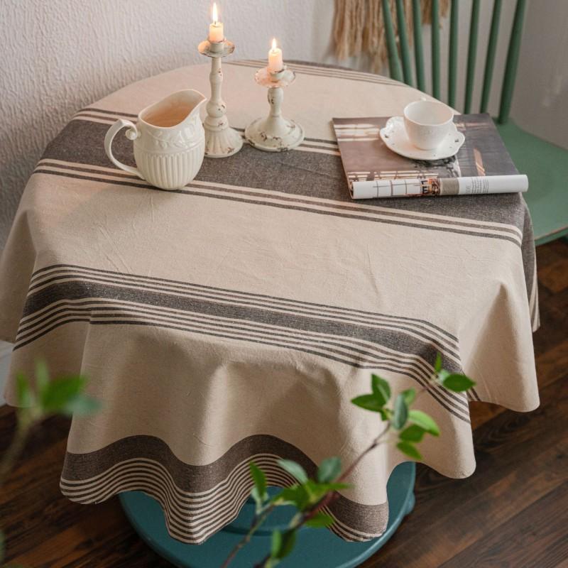 Cotton Linen Striped Tablecloth Round 150cm American Style Dining Table Cover Dustproof Decorative