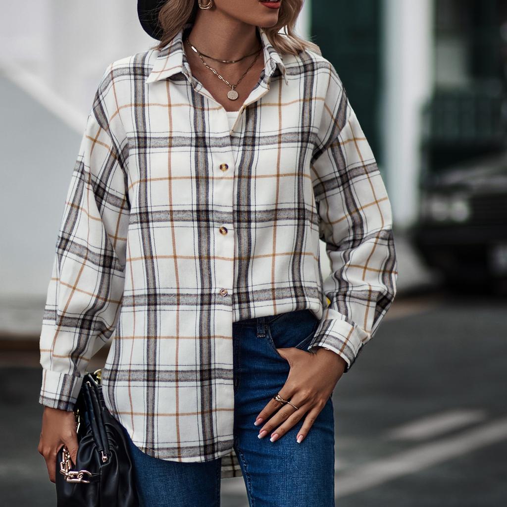 Модные женские повседневные топы в клетку с длинным рукавом и воротником-стойкой, пальто