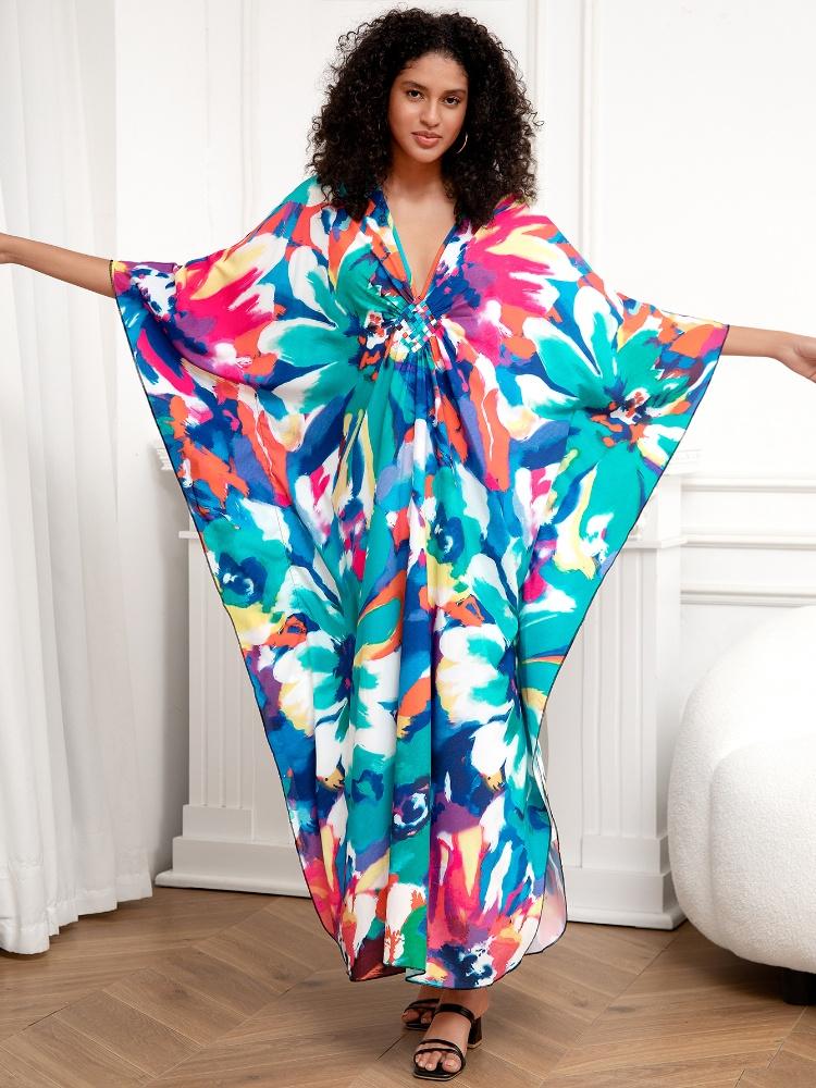 EDOLYNSA Green Printed Bohemian Long Dress Women Robe Kaftan House robe Outfit Plus size Lounge wear Beach dress Q1289