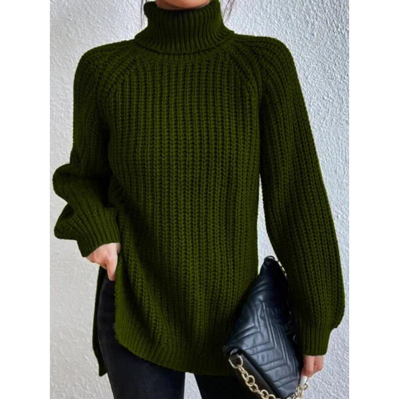Autumn and Winter Women's Plus Size Knit Sweater Medium Long Shoulder Sleeve High Lapel Split Sweater Dress