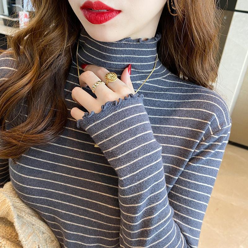 Пуловер женский бархатный полуводолазка в полоску, рубашка женская с длинным рукавом, универсальная