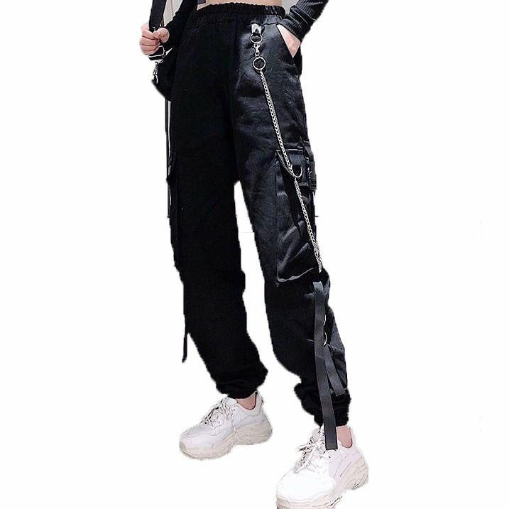 Брюки-карго с высокой талией для женщин. Спортивные повседневные брюки. Брюки в стиле хип-хоп с цепочкой.