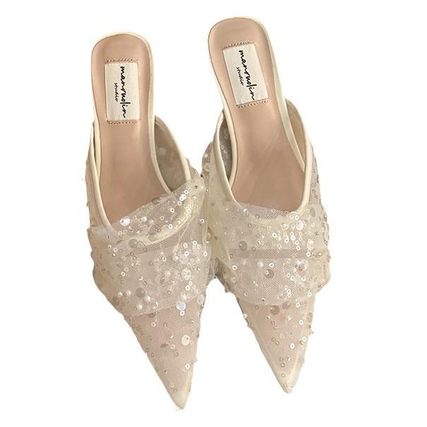 French Dress High Heels Half Slippers Spring and Autumn Style High Heels Evening Gentle Everything with Sequined Shoes