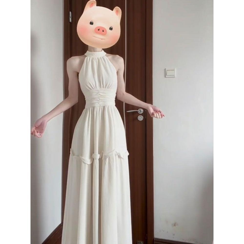 Платье-сарафан без рукавов с бретельками через шею, детское летнее повседневное новое, для морского отдыха, тонкое, с французским темпераментом