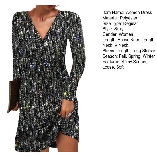 Женское платье с длинным рукавом, блестящий сплошной цвет с пайетками, свободный трапециевидный силуэт с V-образным вырезом, мягкий дышащий пуловер, эластичный пуловер длиной выше колена, вечеринка, клуб, мини