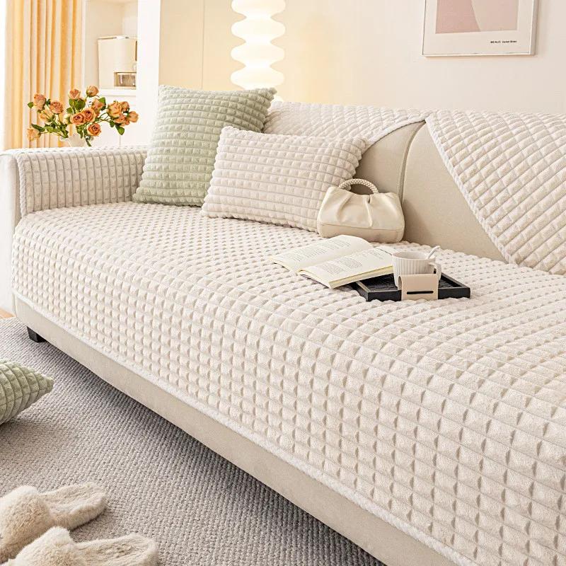 1Pcs Thicken Winter Warm Simple Solid Color Sofa Cover For Living Room Solid Color Grid Anti-Slip Couch Cushion Home Decor