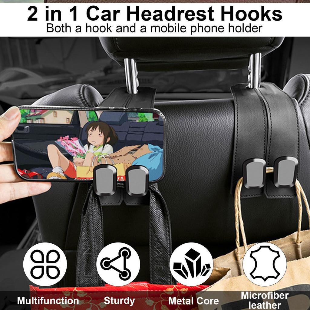 Elegananccy 2 Pack Double Car Seat Headrest Hooks, Leather Car Purse Hanger Holder For Bags, Cars Organizer And Storage Accessories For Women(Black)