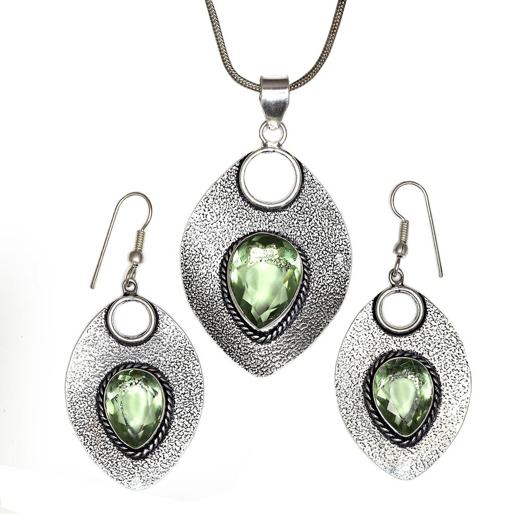 Green Amethyst Gemstone Mother's Day Jewelry Pendant Earring Set