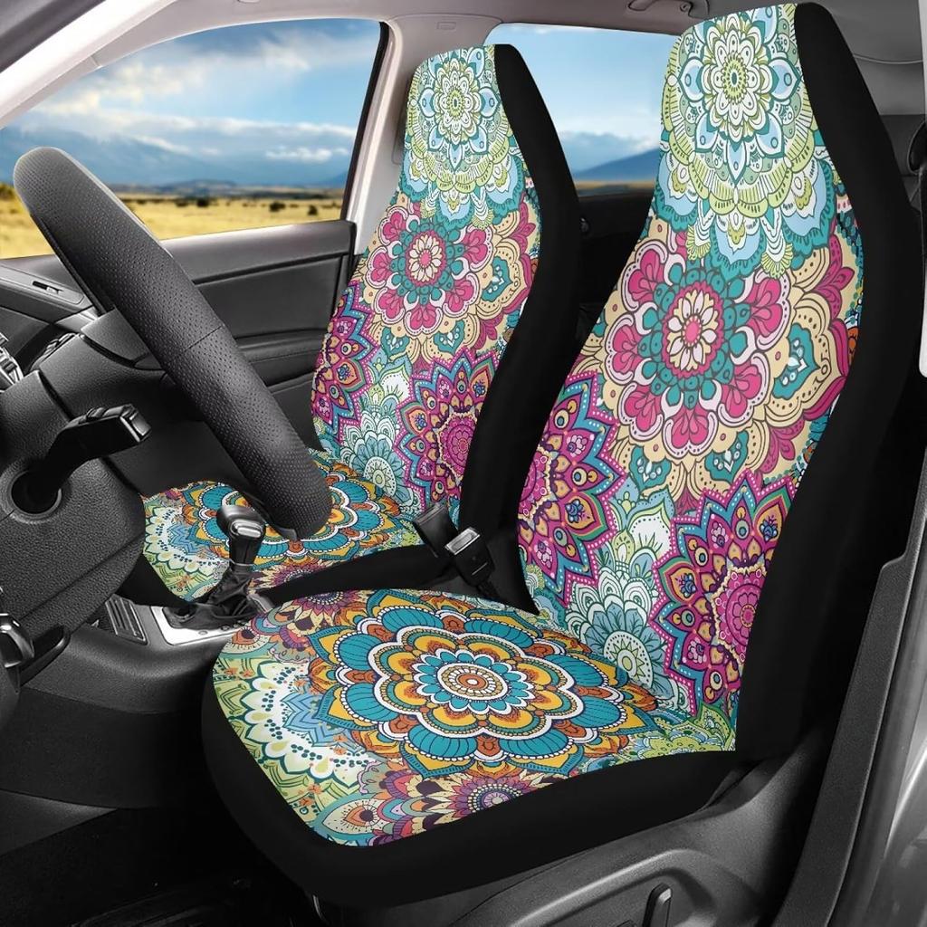Чехлы на сиденья автомобиля Bulopur Black Boho Цветочные, Только для передних сидений, для женщин и мужчин, с карманом-органайзером, для автомобилей, внедорожников, грузовиков, седанов