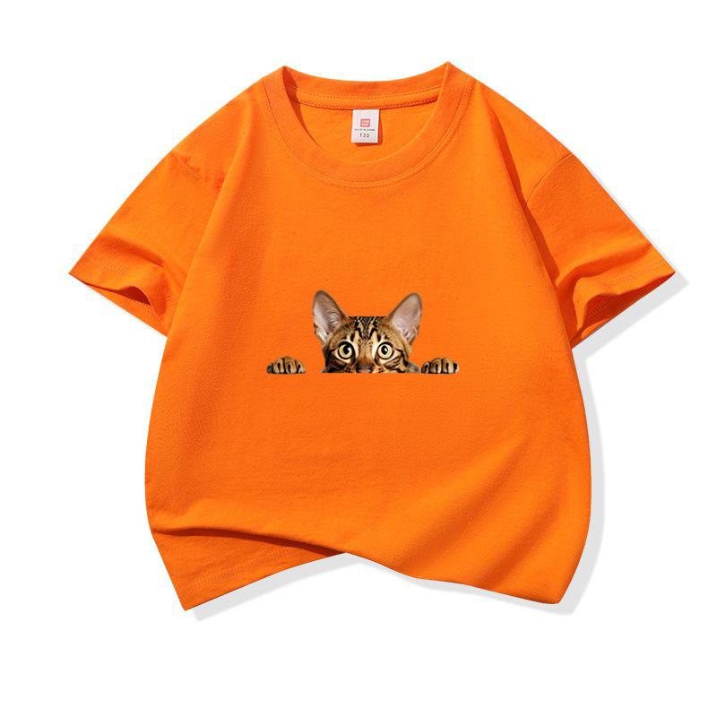 Kids Cotton T Shirt Peeking Bengal Cat Print Crew Neck Short Sleeve Tee Casual Breathable Boys Girls Summer Tops
