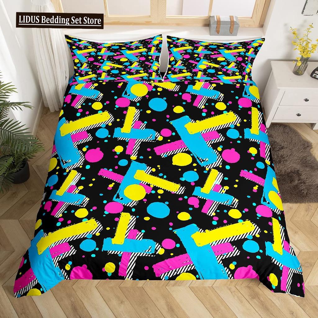Retro Memphis Style Duvet Cover Set Galaxy Fashion Style Geometric Shapes Bedding Set Full,Hipster Old Fashioned Comforter Cover