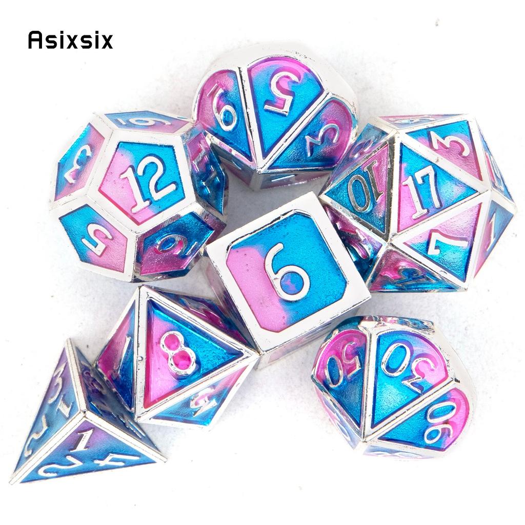 7 шт., синие, розовые, стандартные металлические кубики, набор твердых металлических многогранных кубиков, подходящий для ролевой ролевой игры, настольной игры, карточной игры