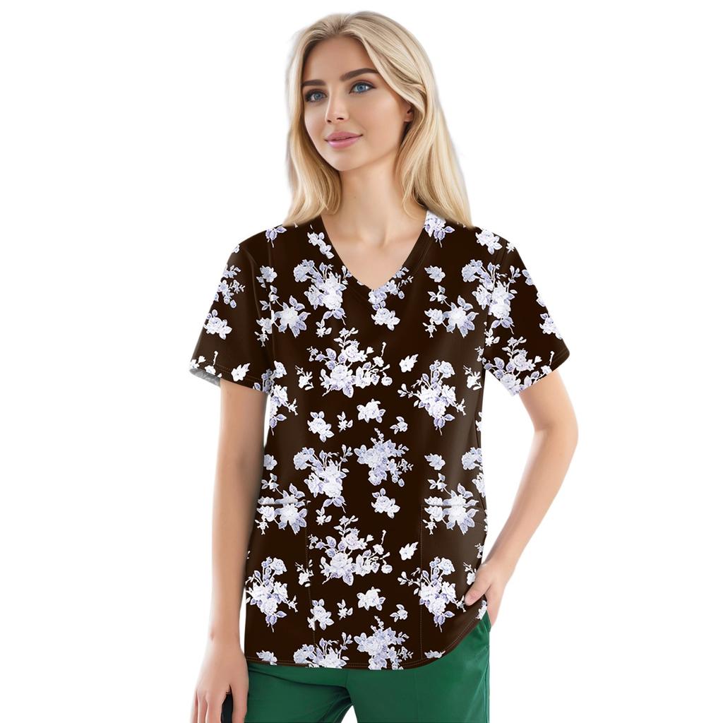 Рабочая форма больших размеров с принтом, топы для женщин, забавные футболки с v-образным вырезом и короткими рукавами, рабочая одежда, футболка с карманами